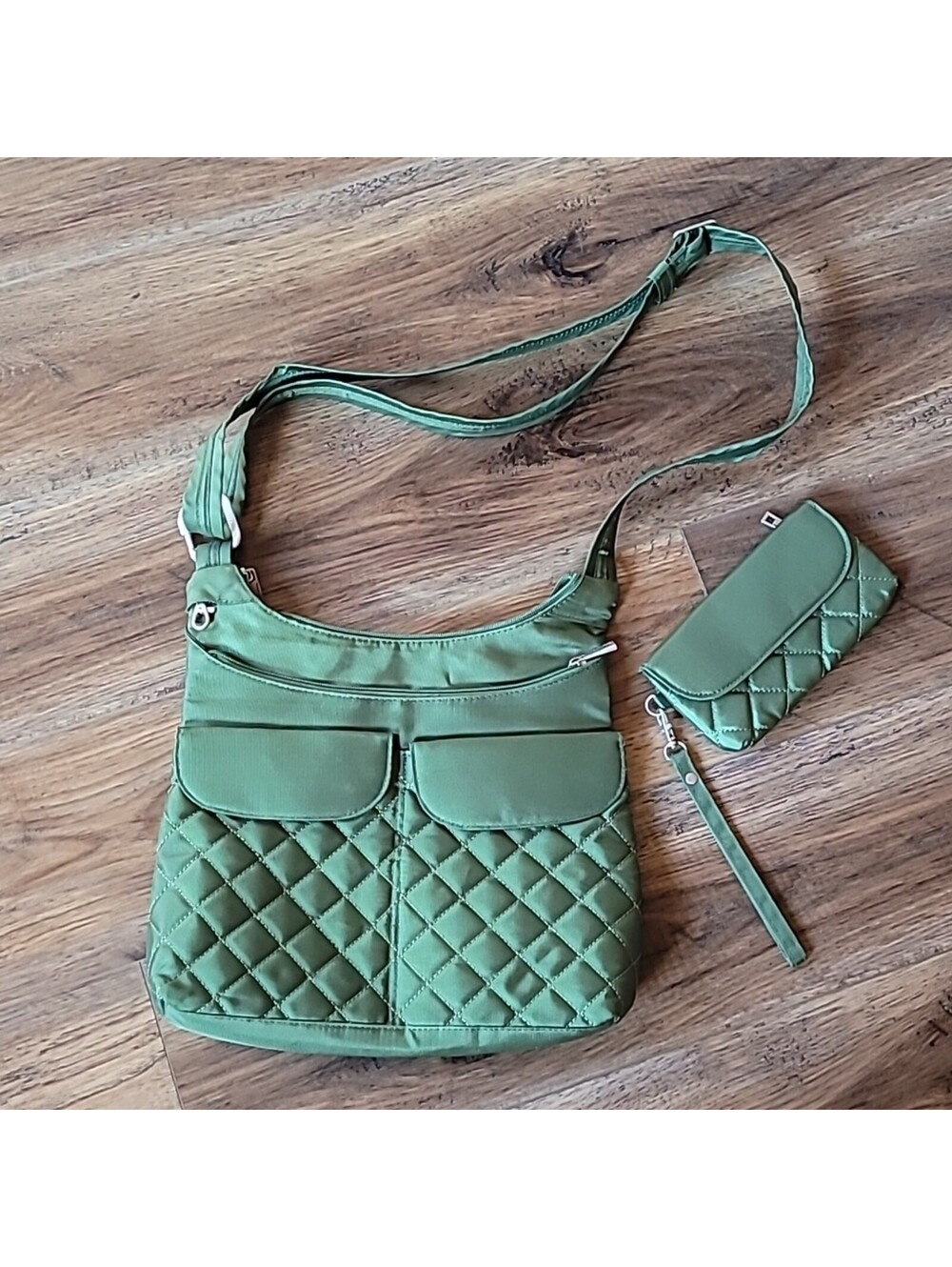 Travelon Anti-Theft Crossbody Purse Wallet Set Olive Green Silver Hardware NWOT